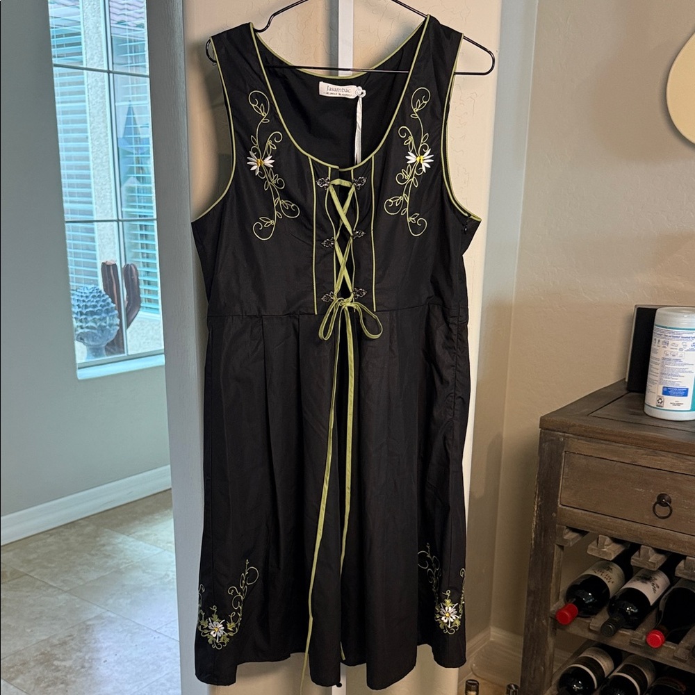 JASAMBAC MILKMAID EMBROIDERED Black Dress with Green Accents.